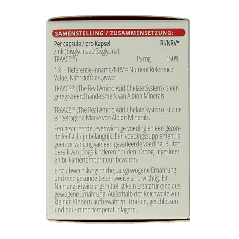 Bottle of Vitals Zink 15mg mineral capsules with 100 capsules, showing the product label and capsules inside the bottle.