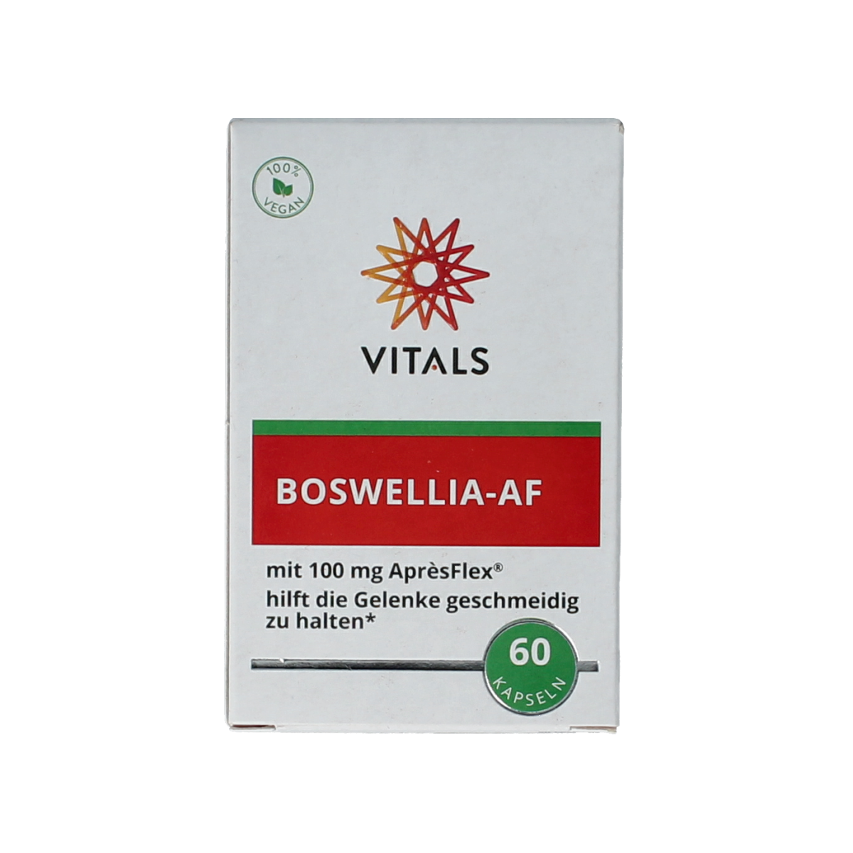 Bottle of Vitals Boswellia capsules in a white container with a label featuring green and brown design elements.
