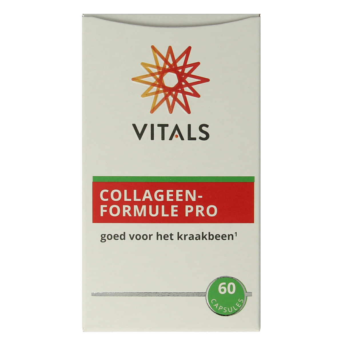 Vitals Collageenformule Pro amino acid capsules in a clear container, showing 60 capsules for skin and joint support.