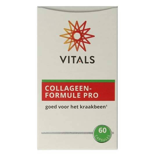 Vitals Collageenformule Pro amino acid capsules in a clear container, showing 60 capsules for skin and joint support.
