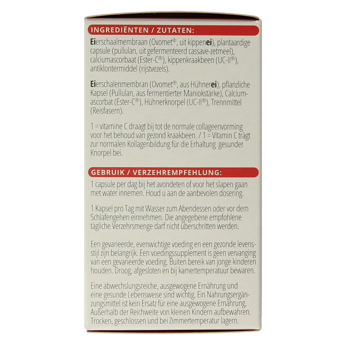 Vitals Collageenformule Pro amino acids capsules in a white bottle with a label, shown in a close-up view.