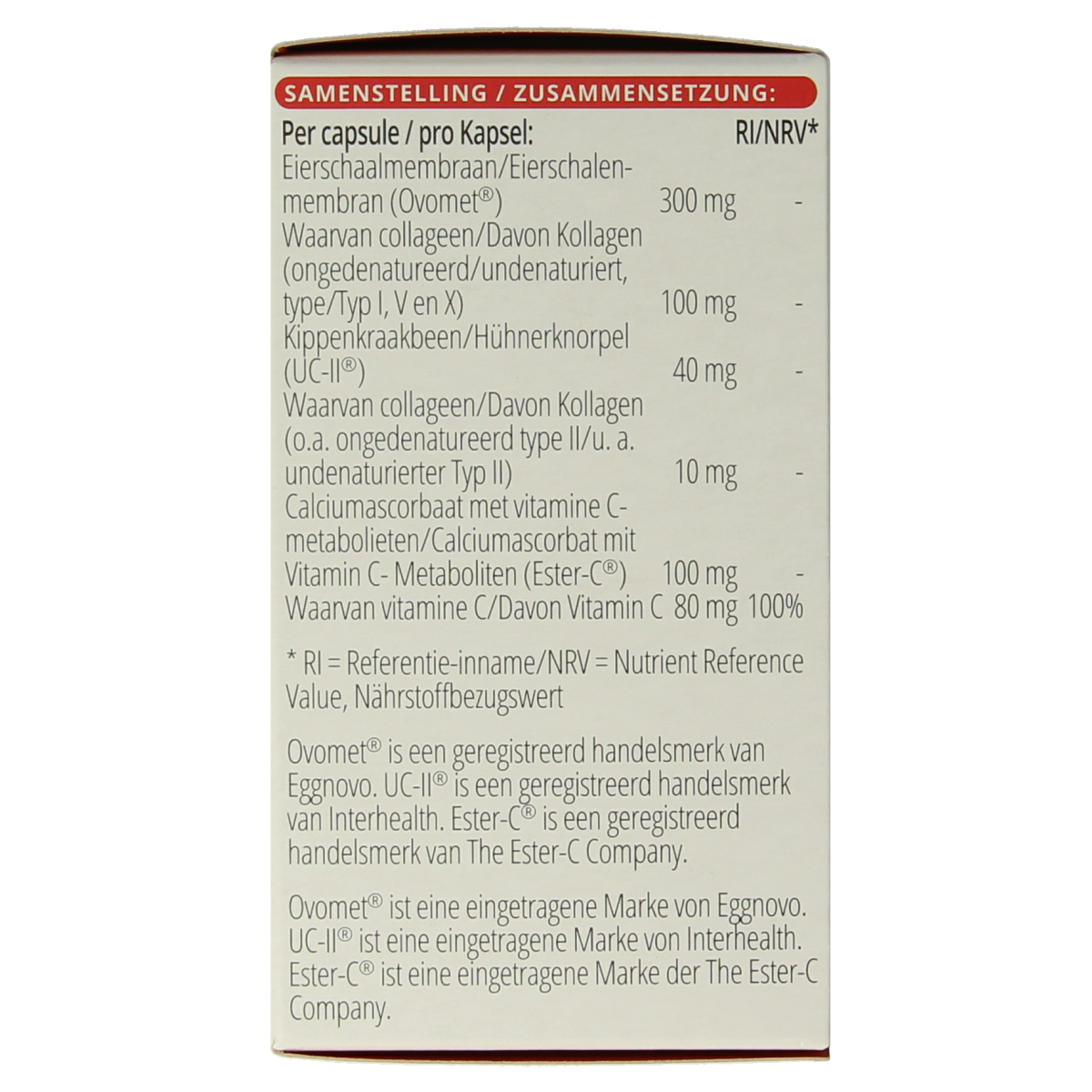 Vitals Collageenformule Pro amino acid capsules in a clear bottle, showcasing the supplement capsules and label.