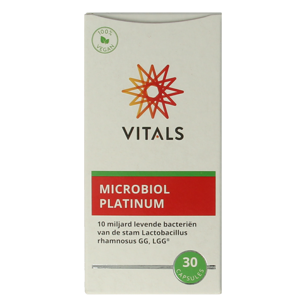 Vitas Microbiol Platinum probiotic capsules from Vitals, showing a close-up of the supplement bottle with capsules inside.