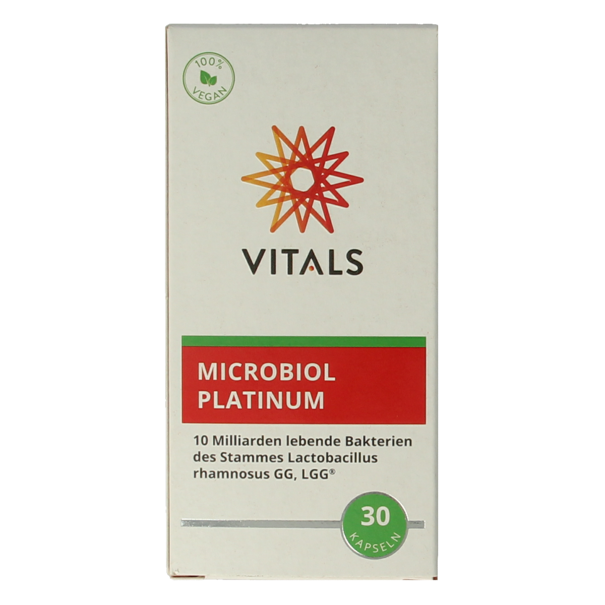 Vitals Microbiol Platinum probiotic capsules, 30 count, containing beneficial micro-organisms for digestive health.