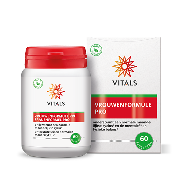 Vitals Vrouwenformule pro herbal supplement bottles with 60 tablets, featuring natural herbal ingredients for women's health.