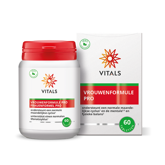 Vitals Vrouwenformule pro herbal supplement bottles with 60 tablets, featuring natural herbal ingredients for women's health.
