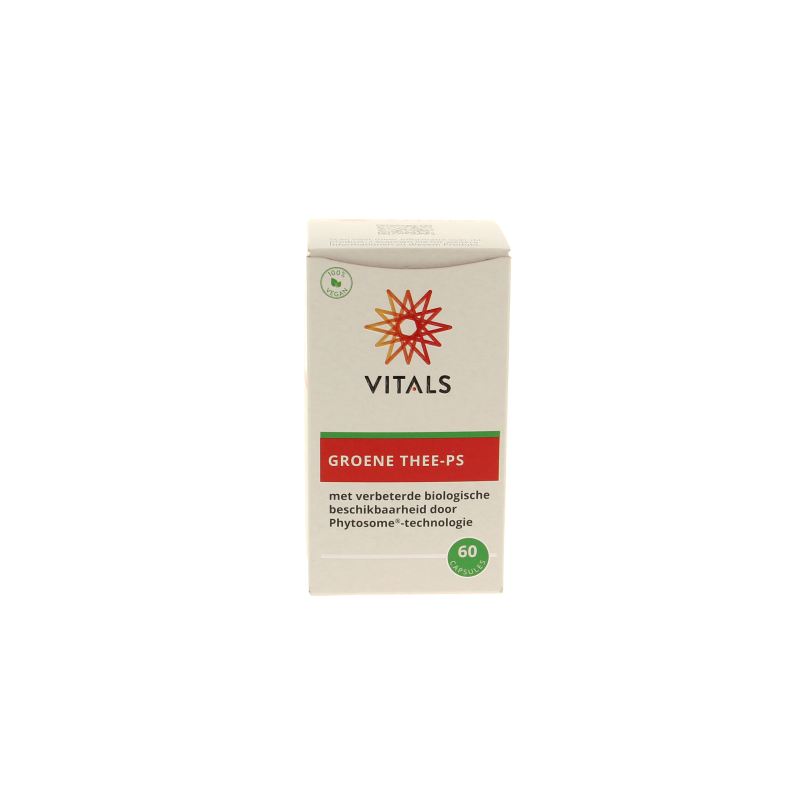 Vitals Groene Thee-PS herbal supplement capsules in a bottle, showcasing the Vitals brand and 60 capsules.