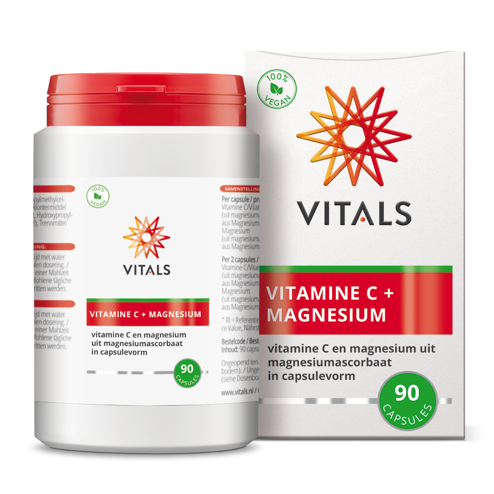 Vitals Vitamin C with magnesium capsules, dietary supplement for immune support, 90-count bottle.