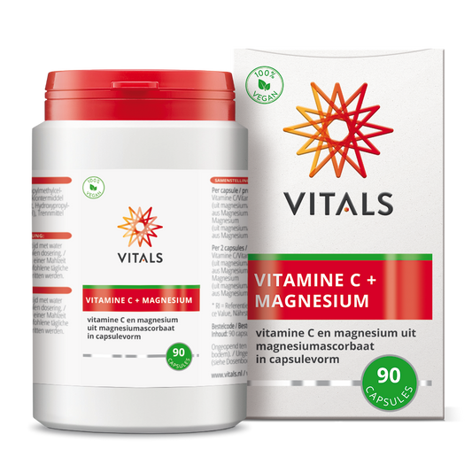 Vitals Vitamin C with magnesium capsules, dietary supplement for immune support, 90-count bottle.