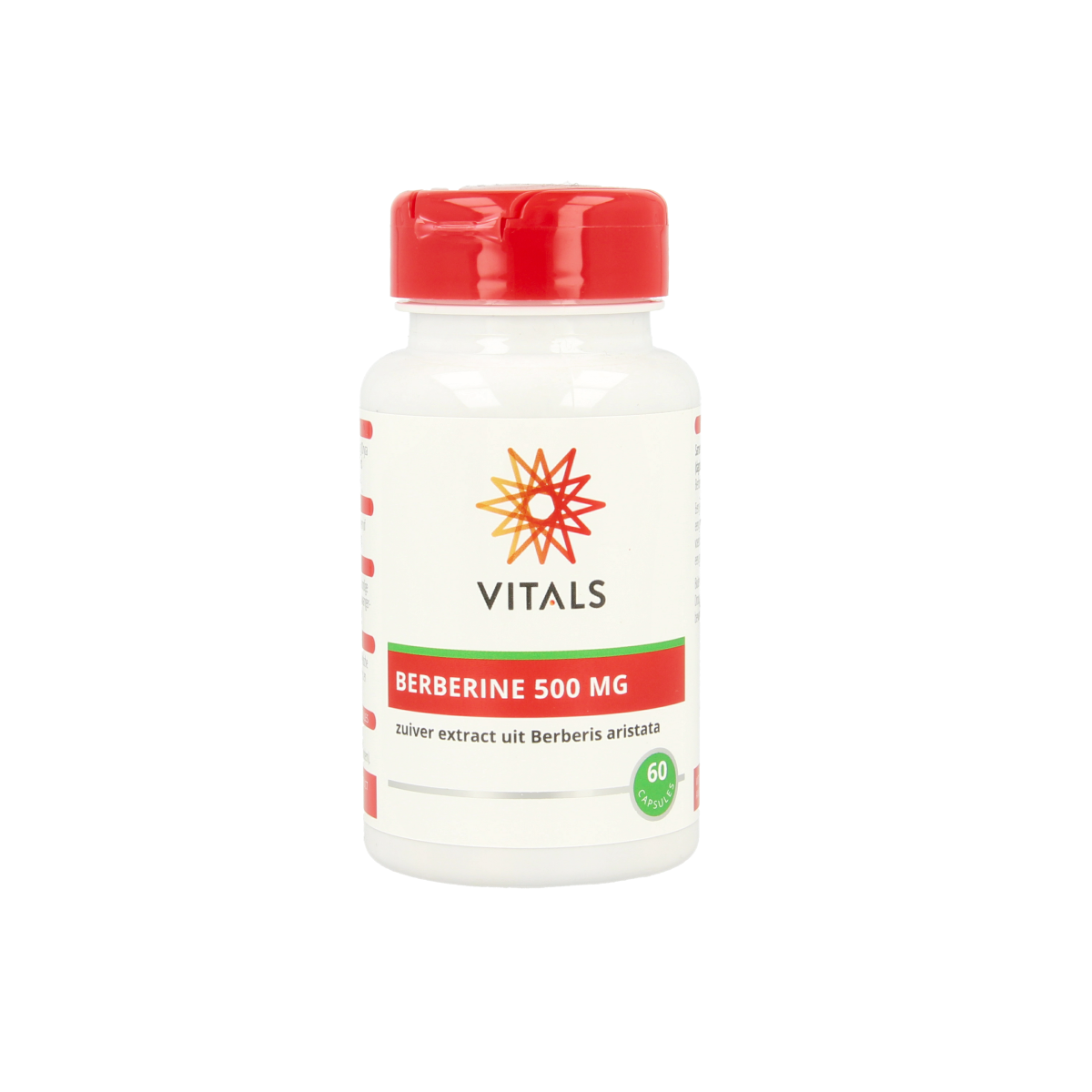 Bottle of Vitals Berberine 500mg capsules, herbal supplement in a clear container with a label showing the product name.