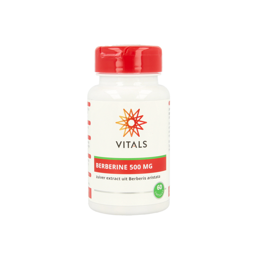 Bottle of Vitals Berberine 500mg capsules, herbal supplement in a clear container with a label showing the product name.