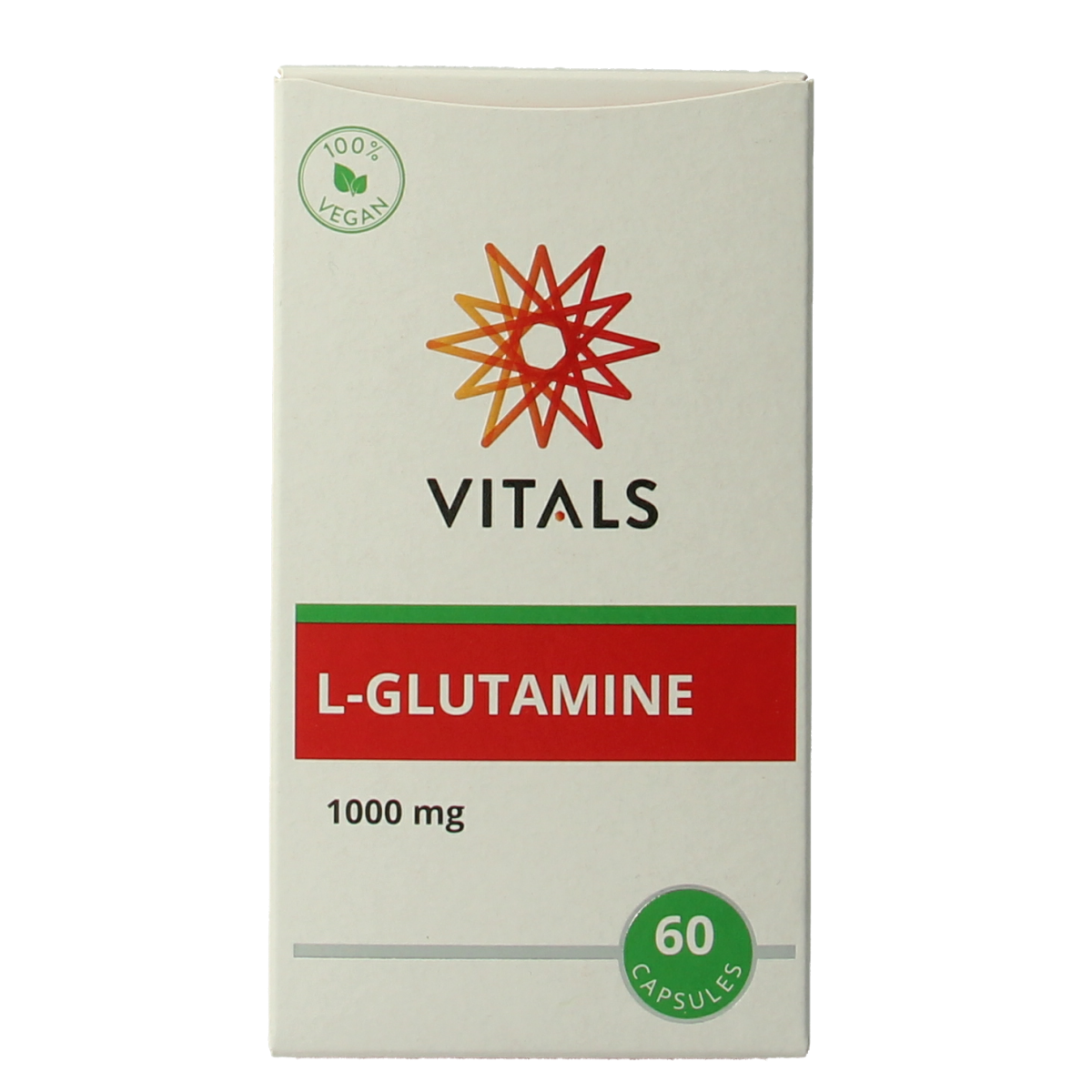 Vitals L-Glutamine 1000mg amino acid capsules, 60-count, shown in a clear bottle with capsules inside.