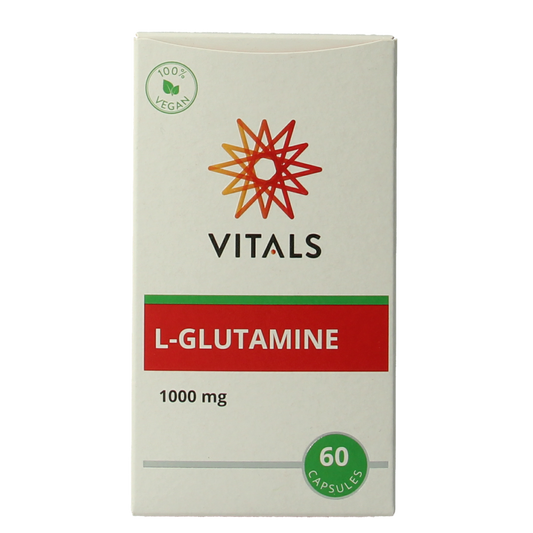 Vitals L-Glutamine 1000mg amino acid capsules, 60-count, shown in a clear bottle with capsules inside.