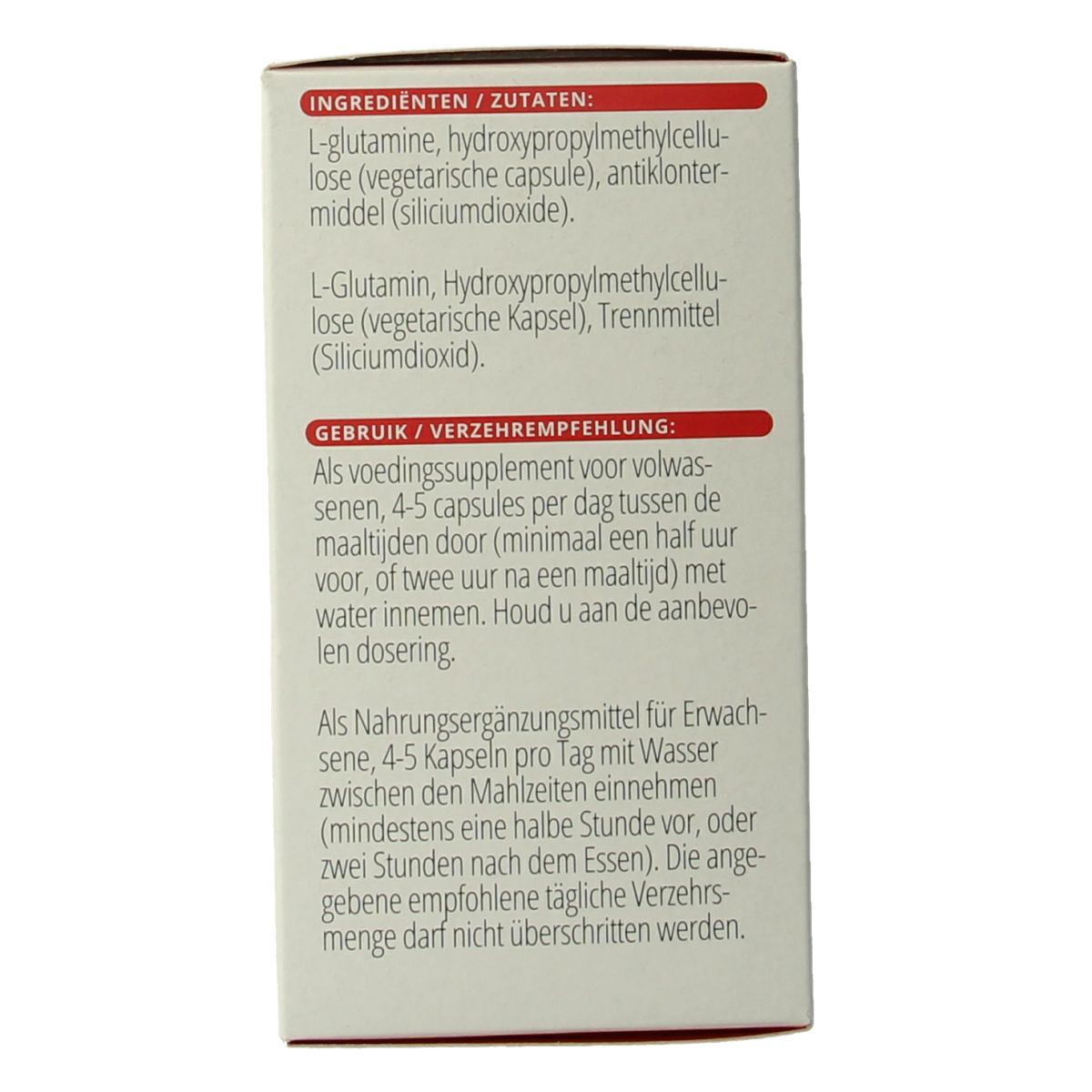 Vitamins and supplements: Vitals L-Glutamine 1000mg amino acid capsules, 60-count, with label showing capsules and branding.
