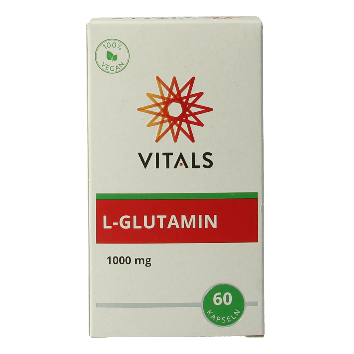 Vitals L-Glutamine 1000mg amino acid capsules, 60-count bottle, with white capsules shown in the image.