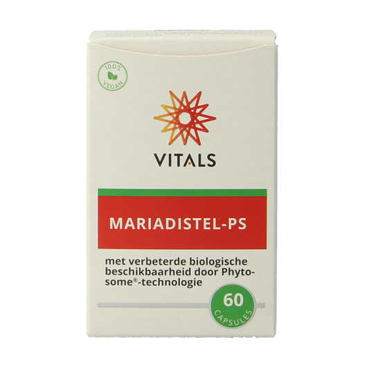 Vitals Mariadistel-PS herbal supplement in a bottle of 60 capsules, featuring natural herbal ingredients for liver support.