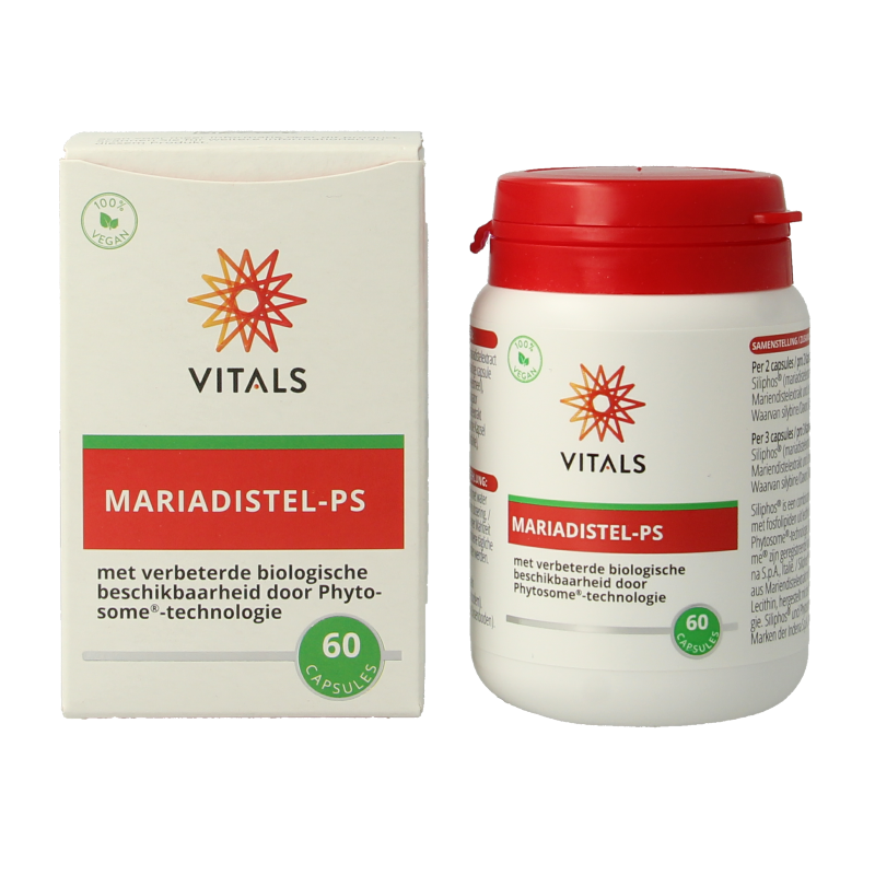 Vitamins and herbal supplement Vitals Mariadistel-PS 60 capsules in a bottle, natural herbal product for liver support.