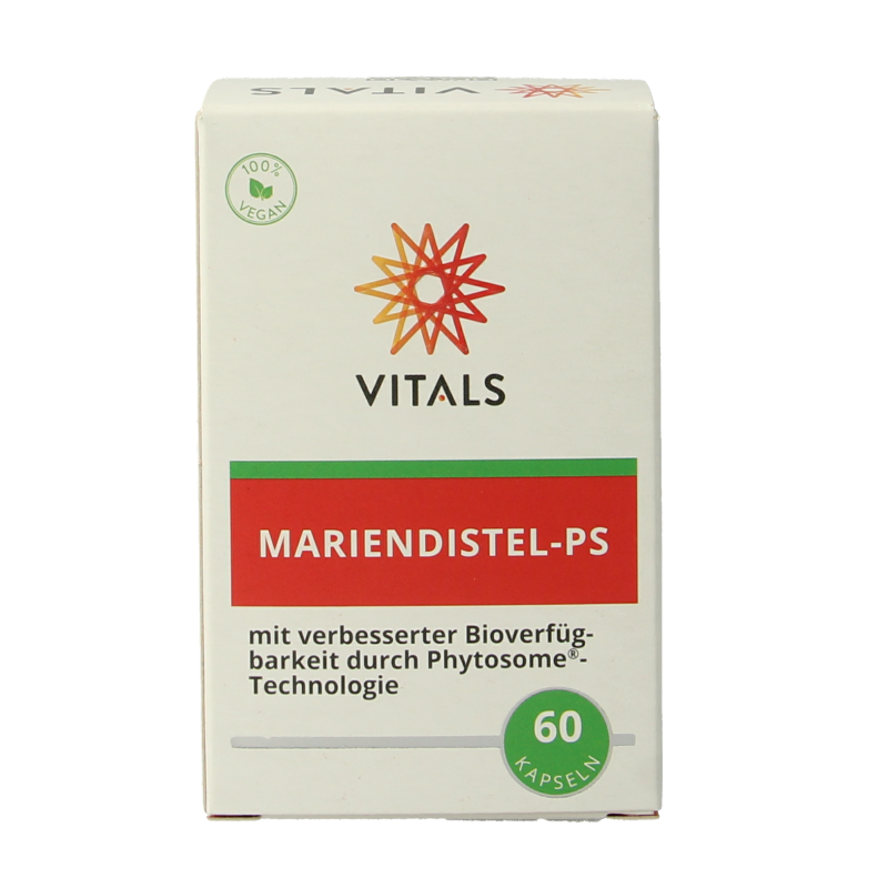 Vials of Vitals Mariadistel-PS herbal supplement capsules in a clear container, labeled with product details.