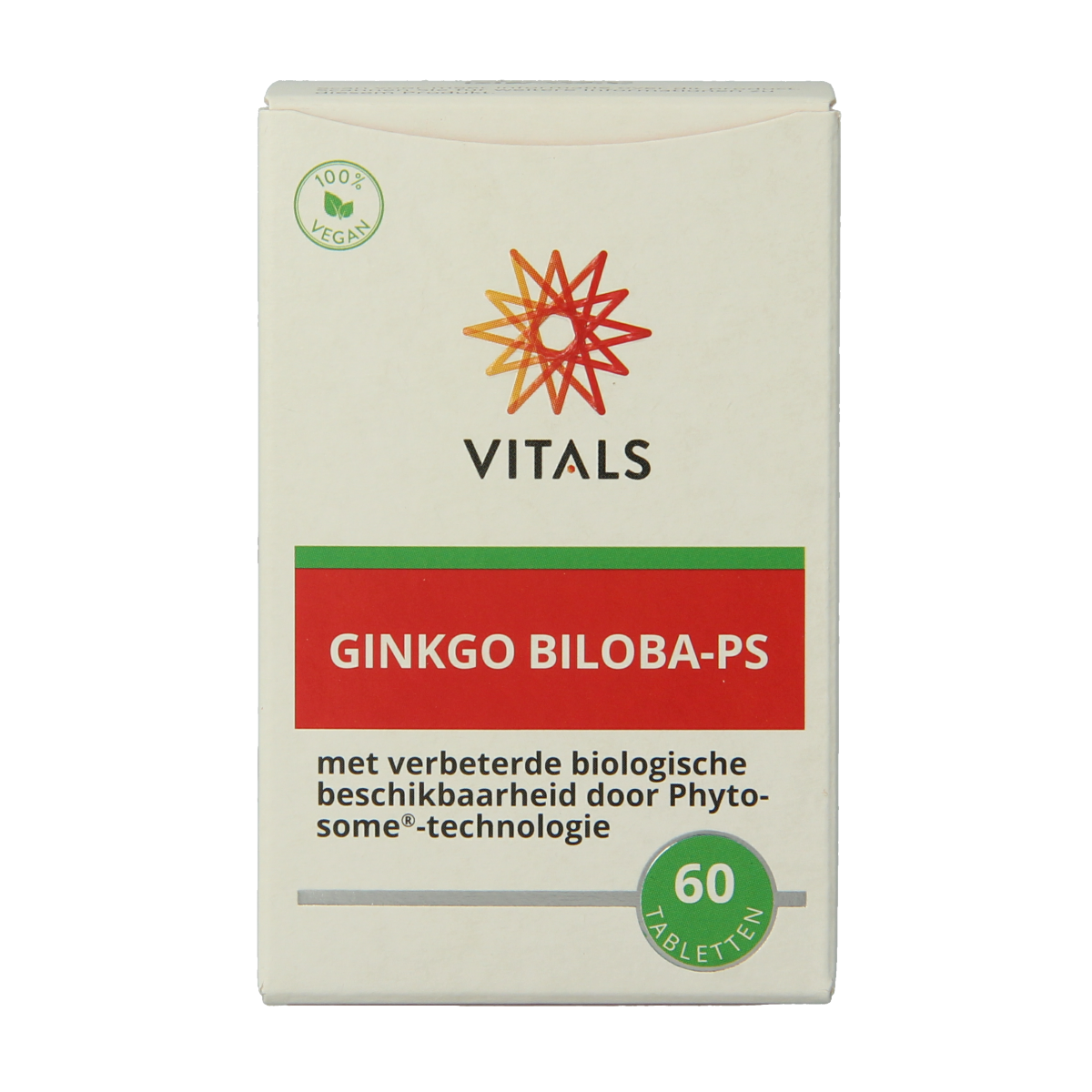 Vitals Ginkgo biloba PS 480 mg herbal tablets, natural supplement for cognitive support, shown in the product image.
