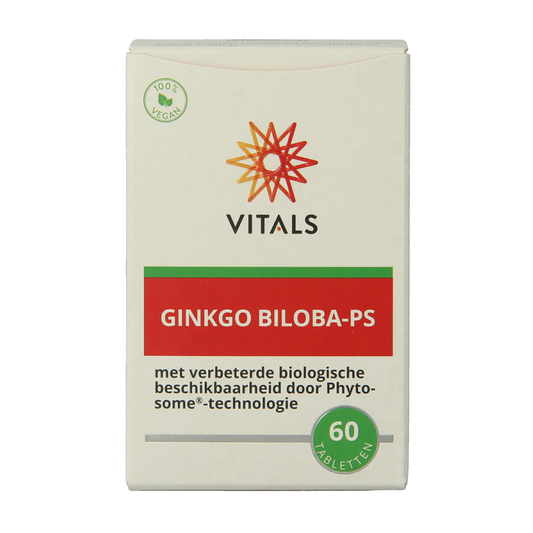 Vitals Ginkgo biloba PS 480 mg herbal tablets, natural supplement for cognitive support, shown in the product image.
