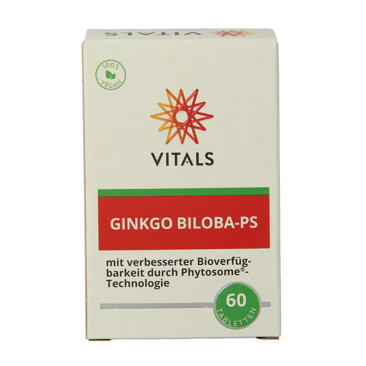 Vitals Ginkgo biloba PS 480 mg herbal supplement tablets, showing a bottle of Vitals Ginkgo biloba capsules.