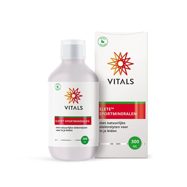 Vitals Elete sportmineralen mineralen multi in 300ml bottle, colorful liquid supplement for hydration and minerals.