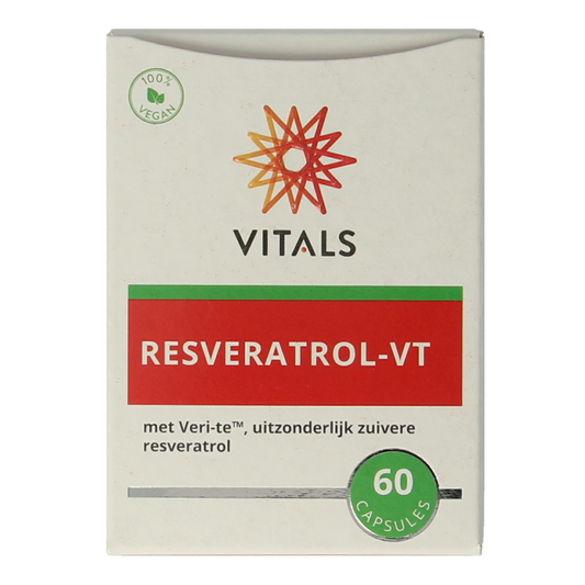 Vitals Resveratrol-VT capsules, dietary supplement in a bottle, containing 60 capsules of herbal and nutritional support.