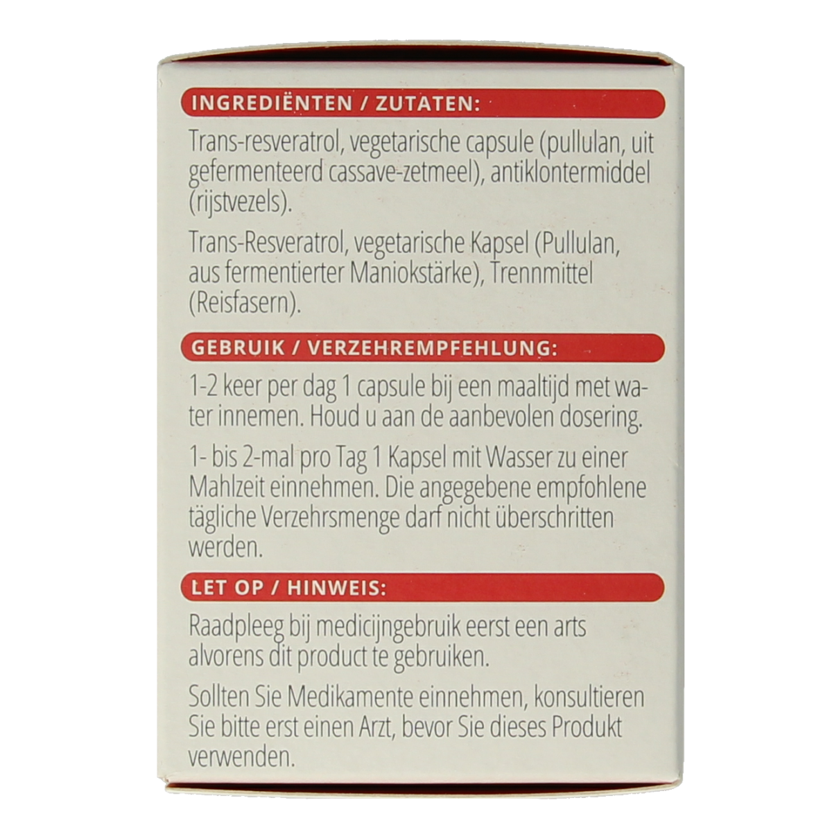 Vitamins and herbal supplement image showing Vitals Resveratrol-VT capsules in a bottle, part of Kruidenpreparaten product line.