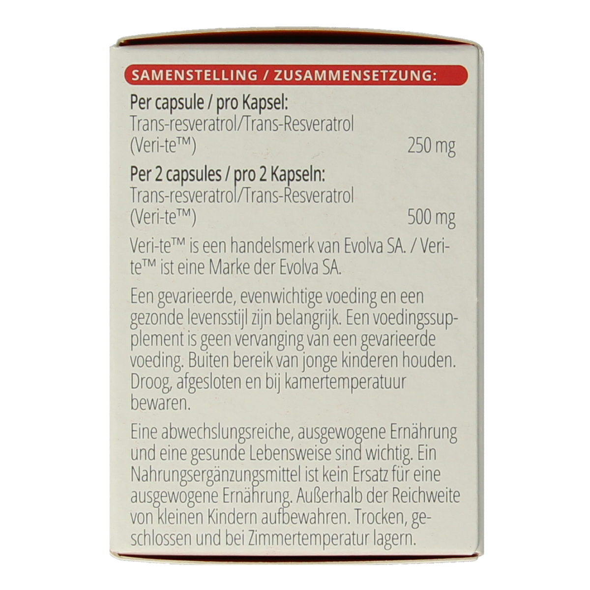 Bottle of Vitals Resveratrol-VT capsules, dietary supplement with 60 capsules, in a natural herbal extract container.