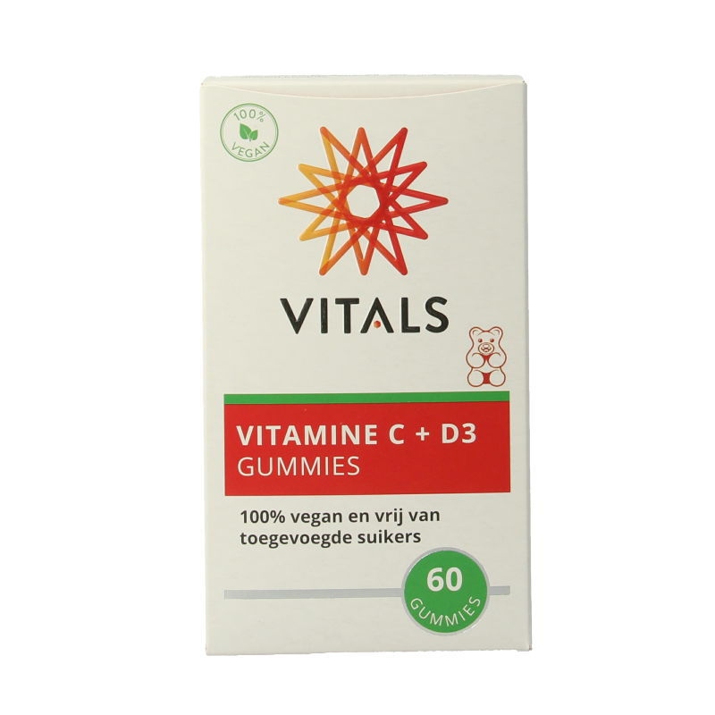Vitals Vitamin C + D3 60 gummies, natural multi-vitamin supplement with orange-flavored gummies and vibrant packaging.