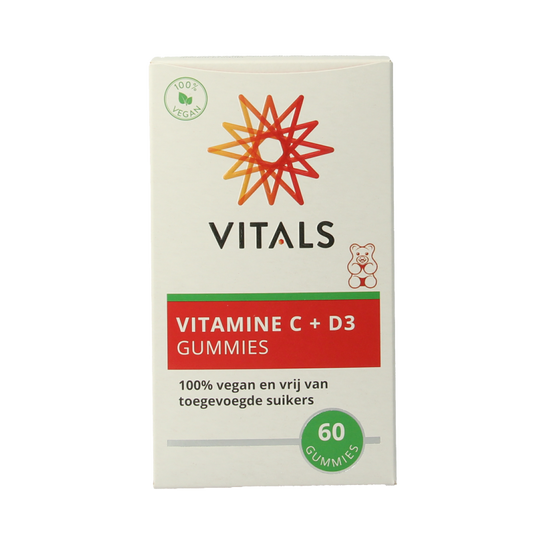 Vitals Vitamin C + D3 60 gummies, natural multi-vitamin supplement with orange-flavored gummies and vibrant packaging.