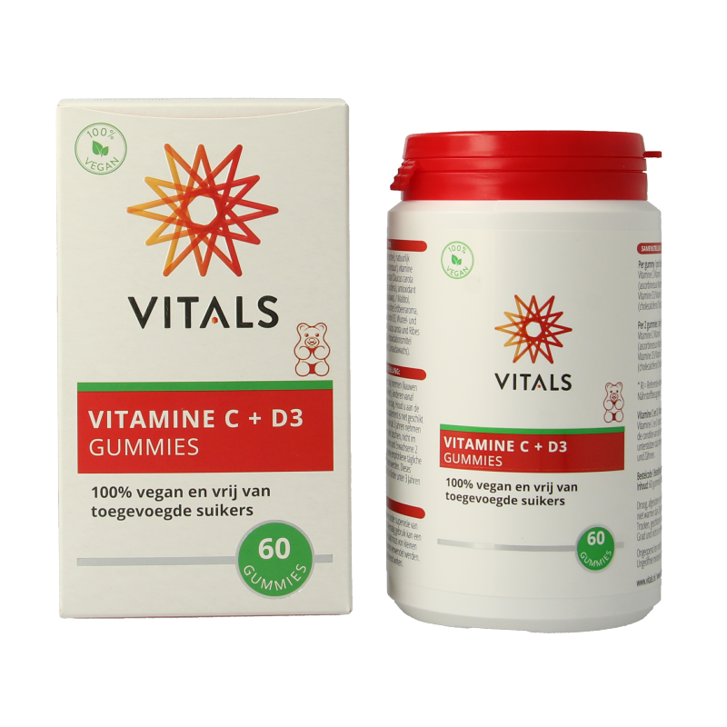 Vitals Vitamin C + D3 60 gummies bottle, natural orange-flavored multivitamin supplement with essential nutrients for immune support.