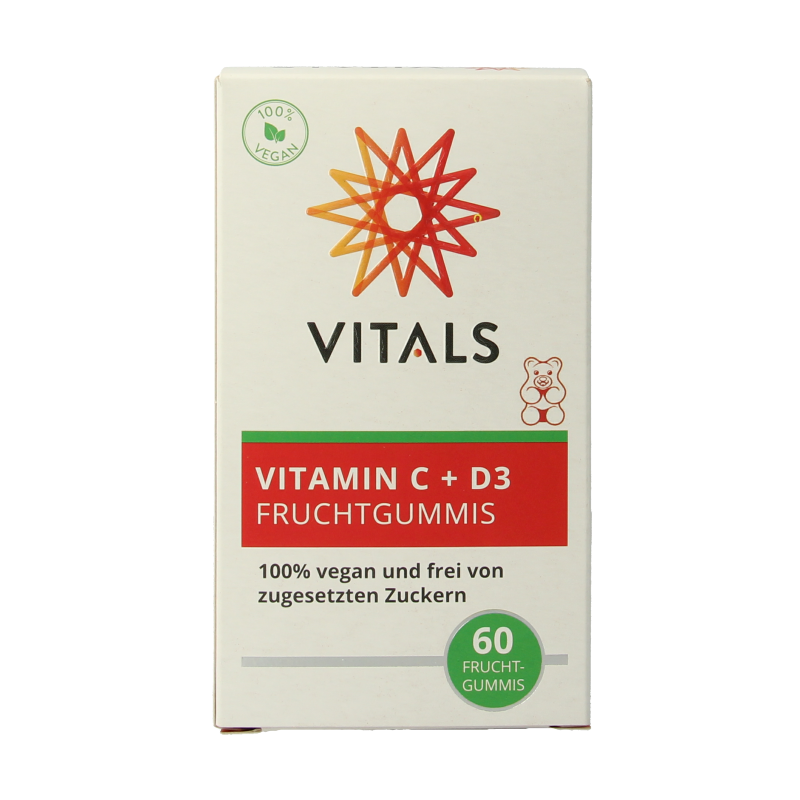 Vitals Vitamin C + D3 60 Gummies bottle, colorful multi-vitamin supplement for immune support and daily health.