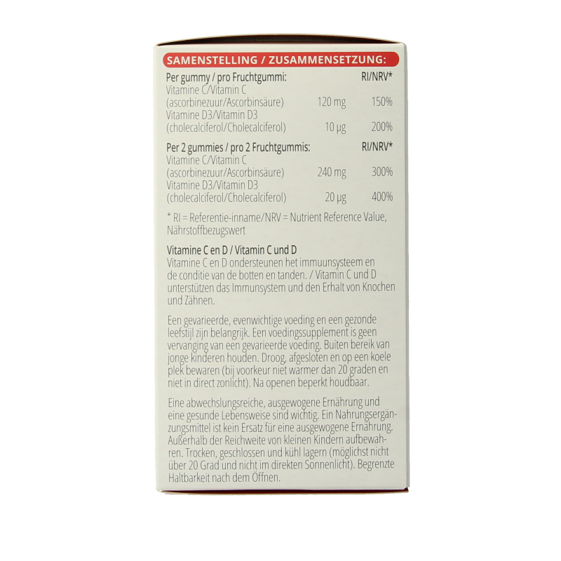 Vitals Vitamine C + D3 60 gummies, colorful mixed fruit vitamins in a clear bottle, natural supplement for immune support