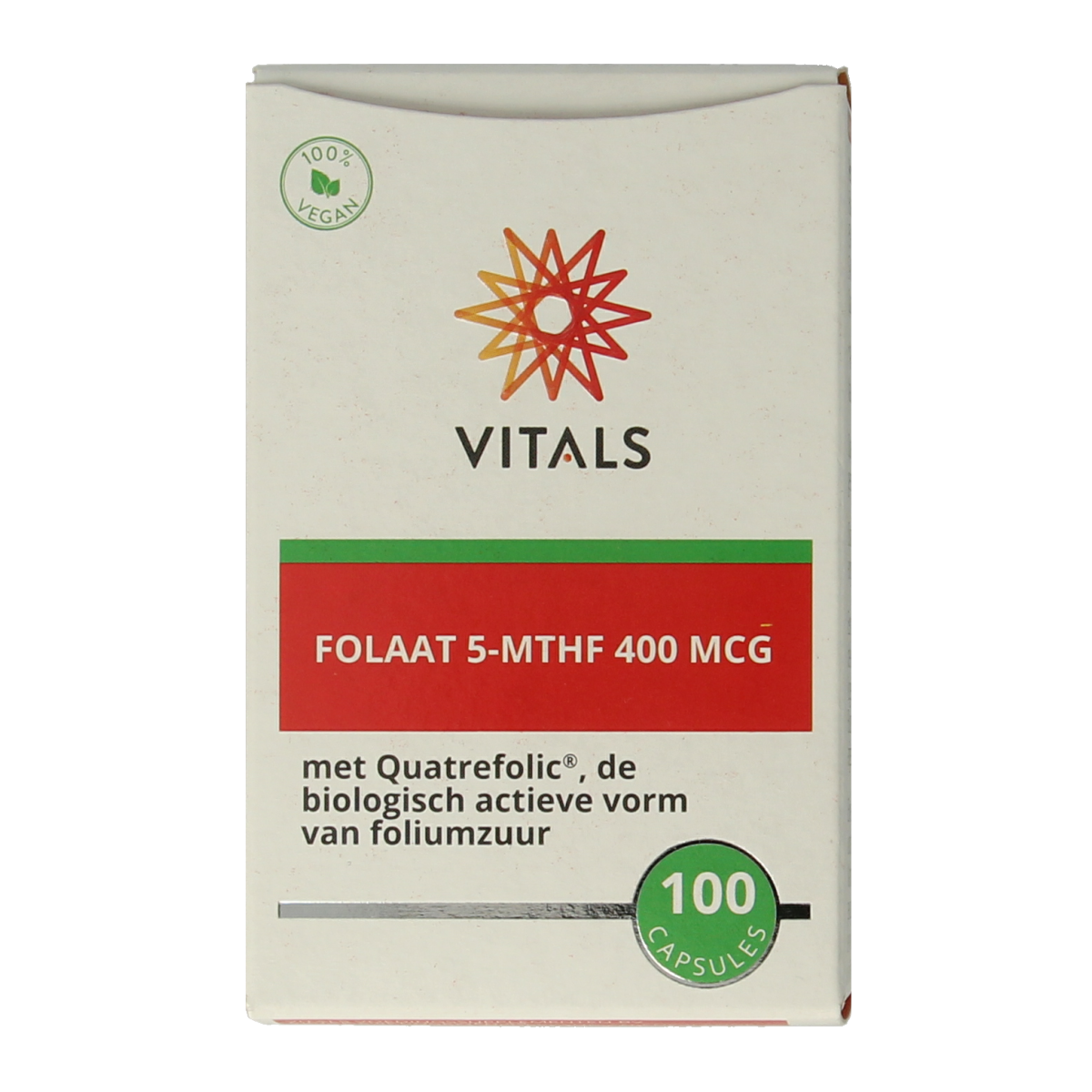 Vitalis Vitals Folaat 5-MTHF 400 mcg supplement capsules, close-up of the bottle and capsules on a white background.