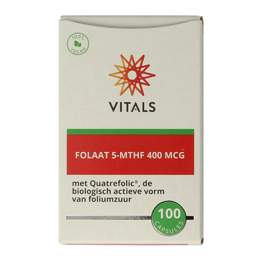 Vitalis Vitals Folaat 5-MTHF 400 mcg supplement capsules, close-up of the bottle and capsules on a white background.