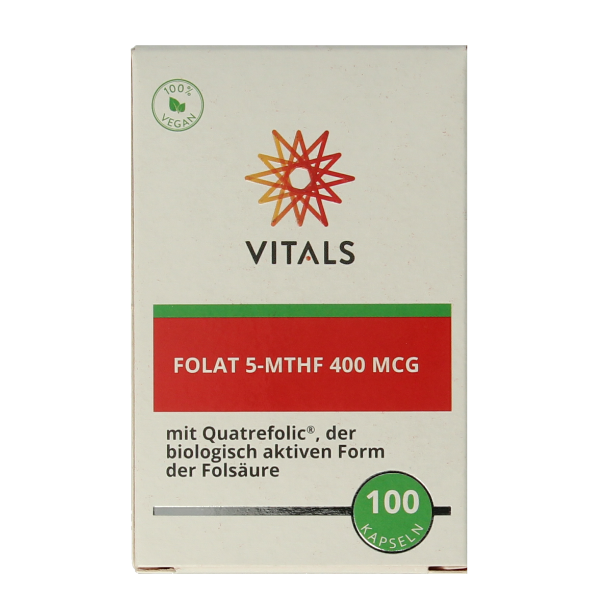 Vitals Folaat 5-MTHF 400 mcg vitamin capsules, close-up of the Vitals brand supplement bottle with capsules inside.