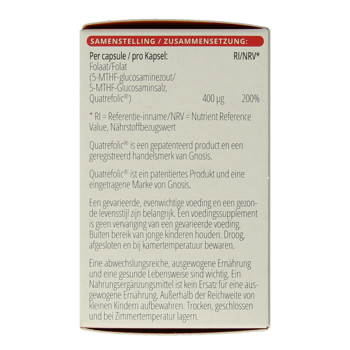 Vitals Folaat 5-MTHF 400 mcg vitamin capsules, close-up of the Vitals brand bottle with 100 capsules on label
