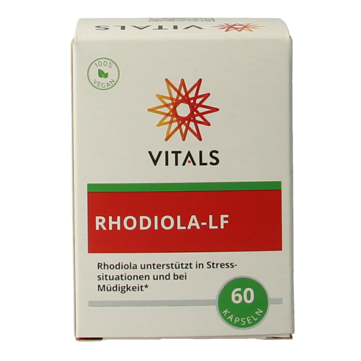 Vitals Rhodiola LF capsules, dietary supplement for animals, in a clear bottle with a white label and capsules visible inside.