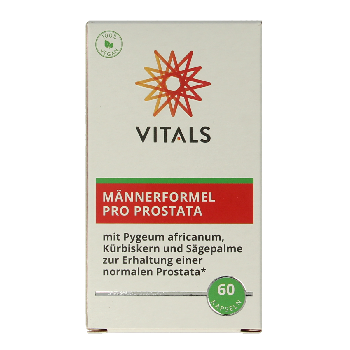 Vitals Mannenformule Pro prostaat capsules, herbal supplement for prostate health, displayed in a clear bottle with capsules inside.