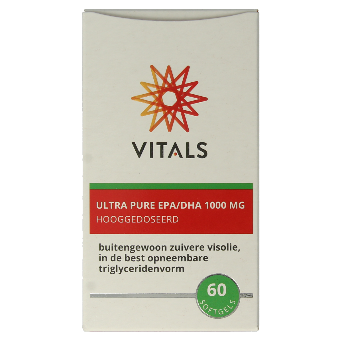 Vetzuren Vitals EPA/DHA Ultra Pure 1000mg softgels, 60-count bottle, with clear softgel capsules on a white background.