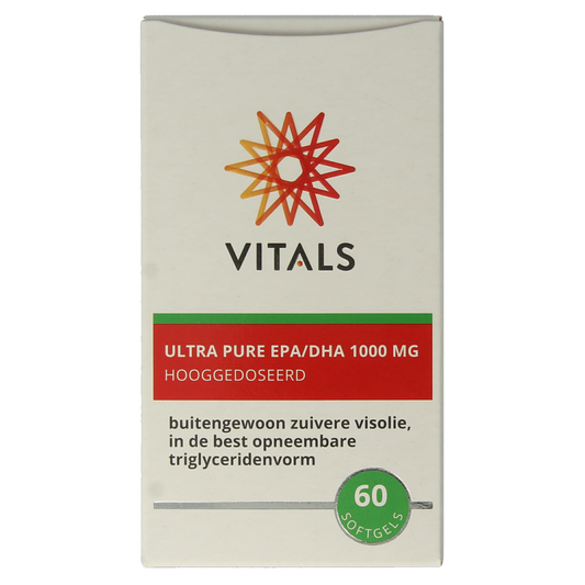 Vetzuren Vitals EPA/DHA Ultra Pure 1000mg softgels, 60-count bottle, with clear softgel capsules on a white background.