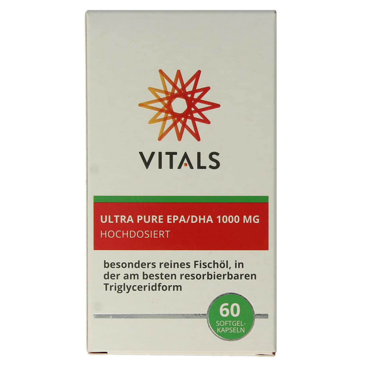 Vetzuren Vitals EPA/DHA Ultra Pure 1000mg softgels, bottle of 60 softgels, with clear label and softgel capsules inside.