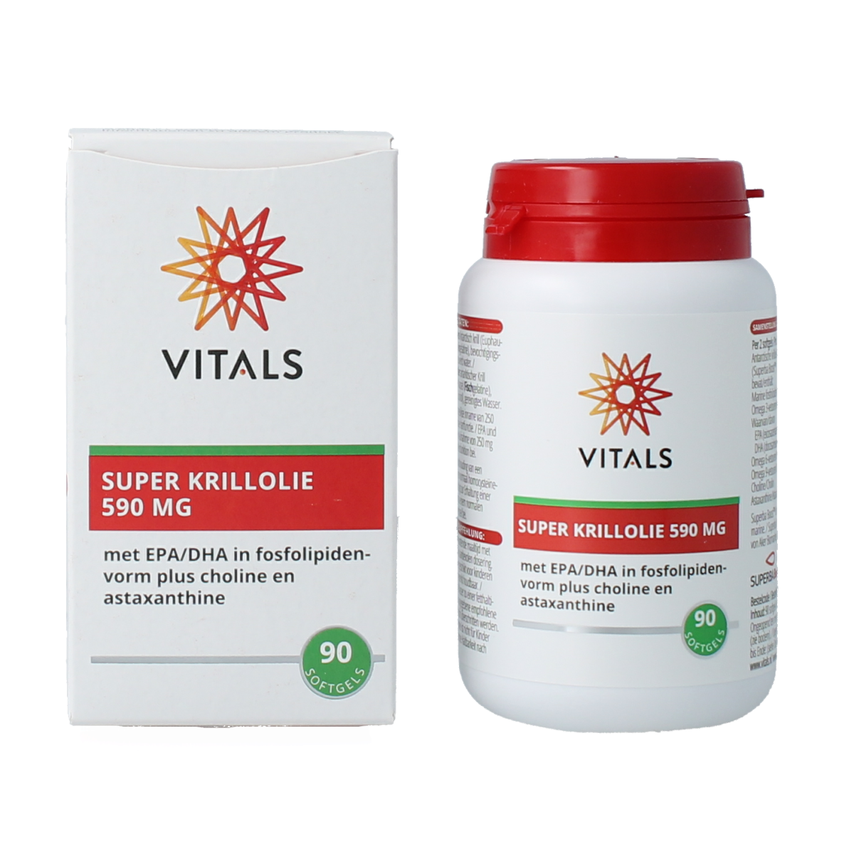 Vetzuren Vitals Super Krillolie 590mg softgels, close-up of 90 softgel capsules in a container.