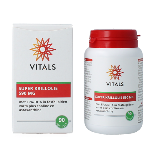 Vetzuren Vitals Super Krillolie 590mg softgels, close-up of 90 softgel capsules in a container.
