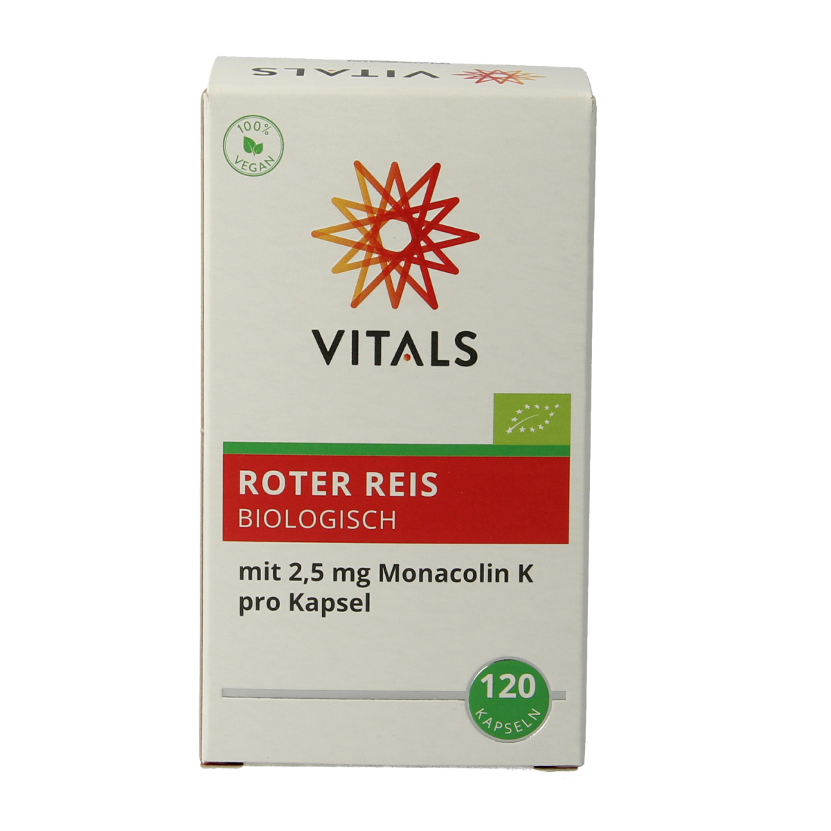 Vitals Rode Gist Rijst bio capsules, herbal supplement in a white bottle with capsules visible inside, natural health product.
