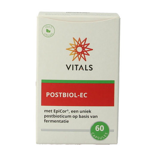 Vitals Postbiol-EC capsules, herbal supplement, 60 capsules, natural health product, close-up of the supplement bottle.