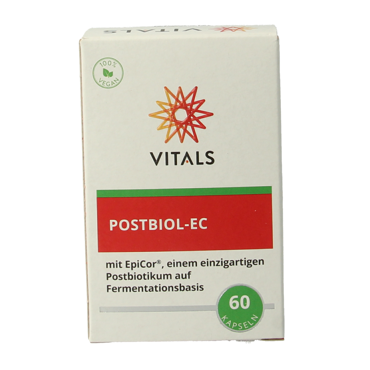Vitamins and herbal supplement capsules from Vitals Postbiol-EC, 60 softgel capsules for digestive health and wellness.