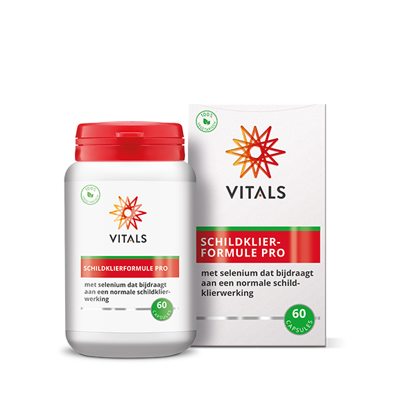 Vitals Schildklierformule pro 60 capsules, herbal supplement for thyroid support, displayed in a clear bottle with capsules.
