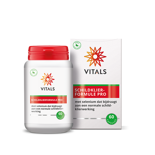 Vitals Schildklierformule pro 60 capsules, herbal supplement for thyroid support, displayed in a clear bottle with capsules.
